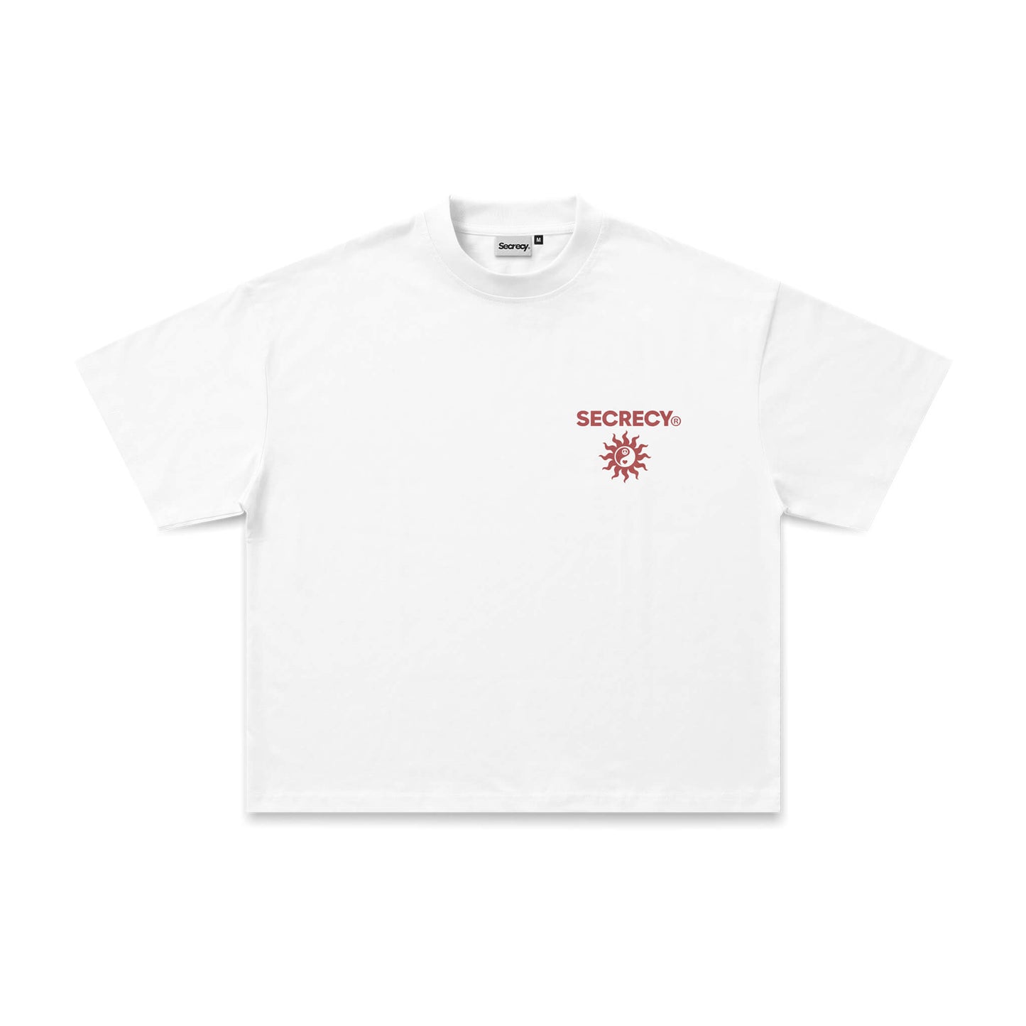 White t-shirt with a red logo on a white background