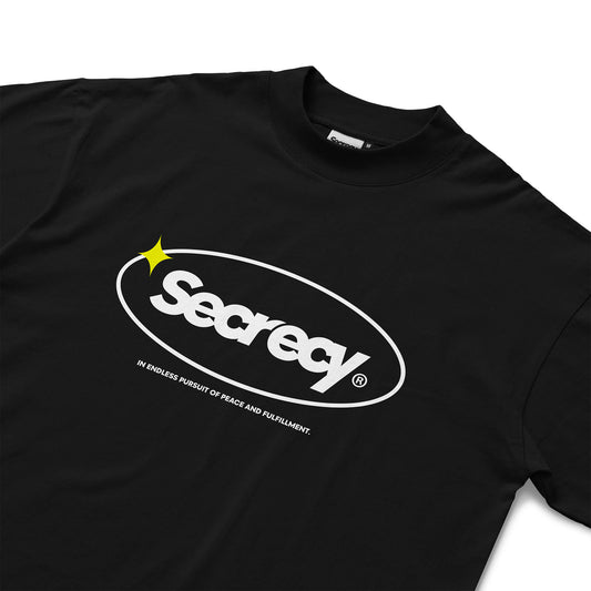 Black t-shirt with a logo and text on a white background