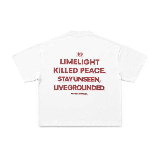 White t-shirt with red text on a white background