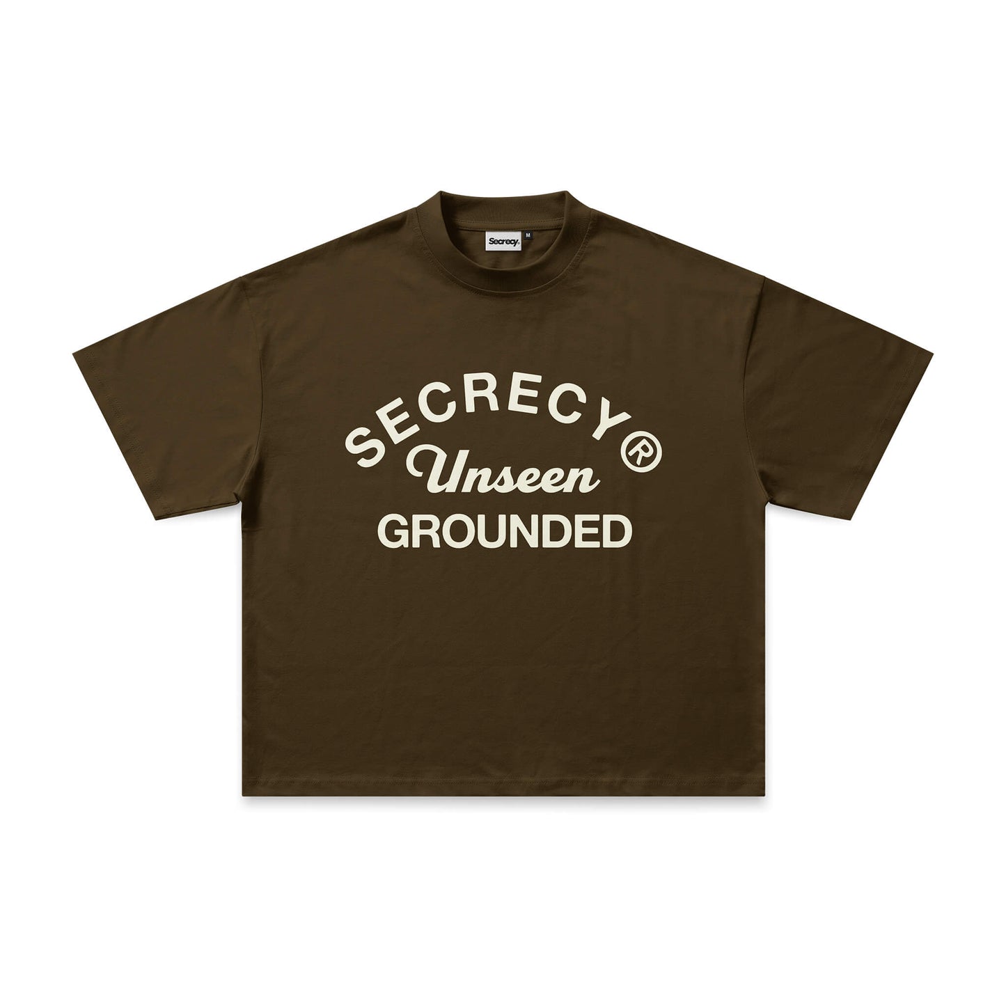 Brown t-shirt with white text on a white background