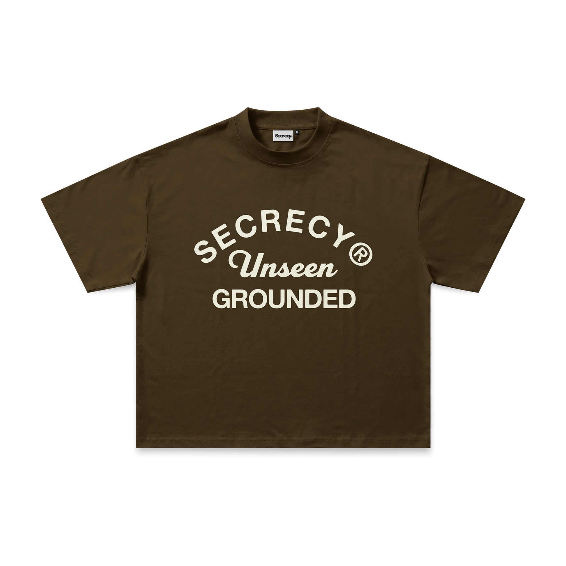 Brown t-shirt with white text on a white background
