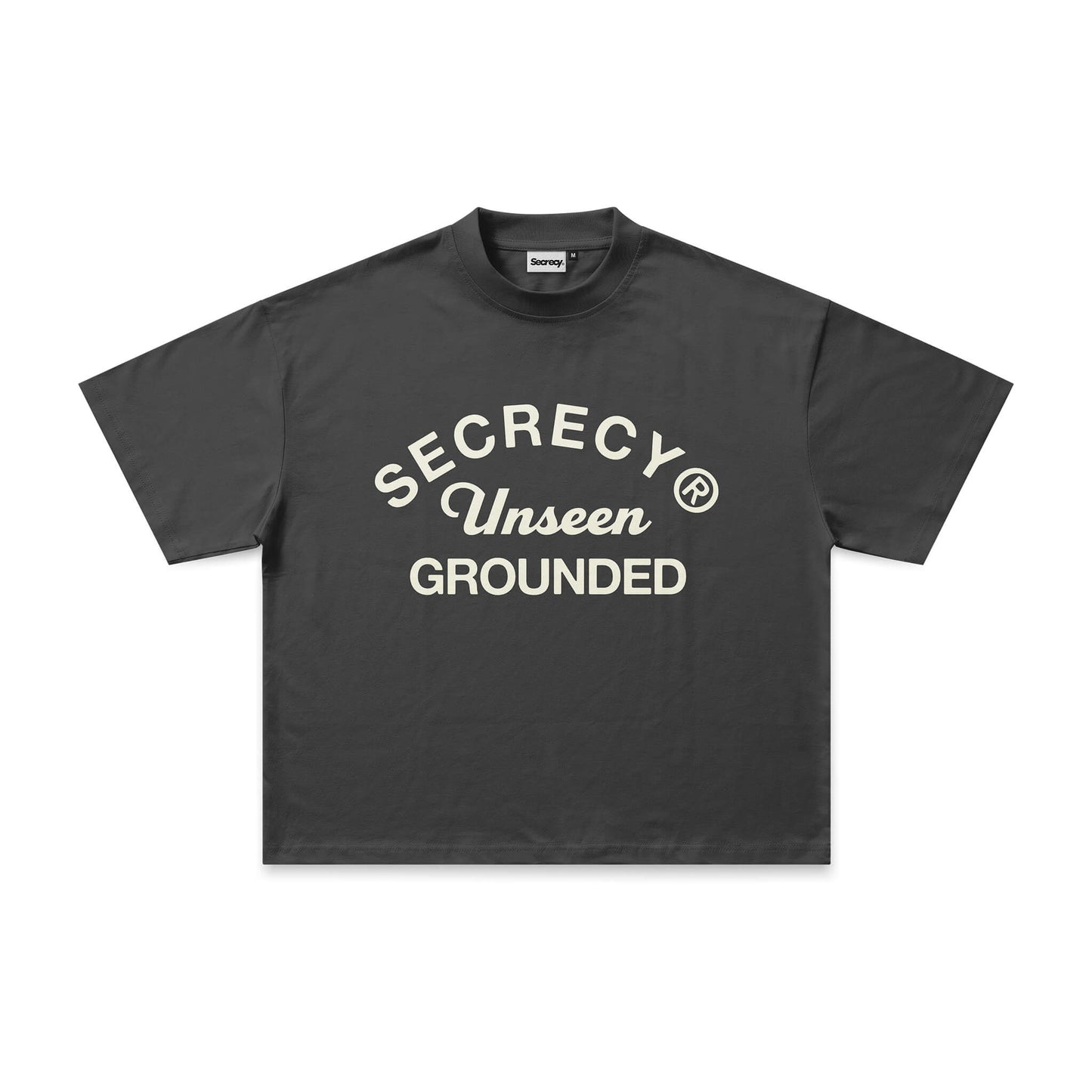 Black t-shirt with white text on a white background