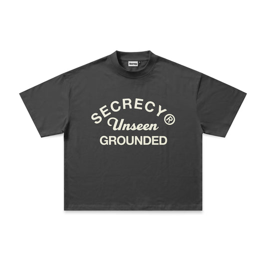 Black t-shirt with white text on a white background