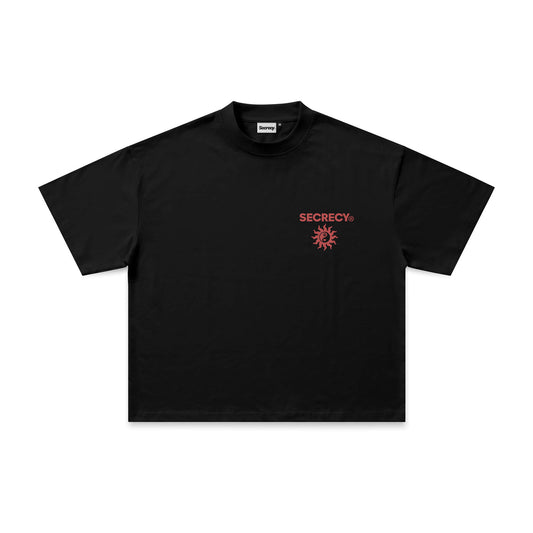 Black t-shirt with red logo on a white background
