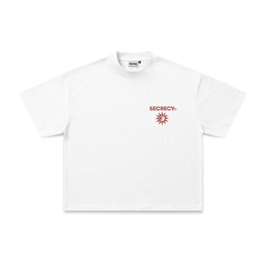 White t-shirt with a red logo on a white background