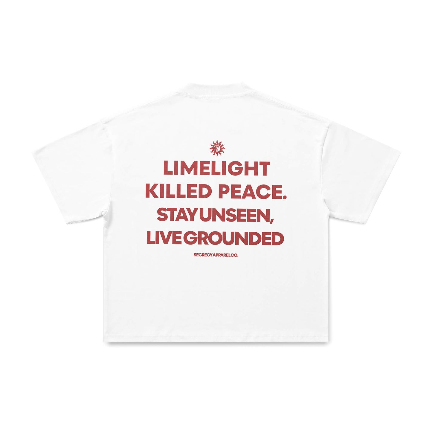 White t-shirt with red text on a white background