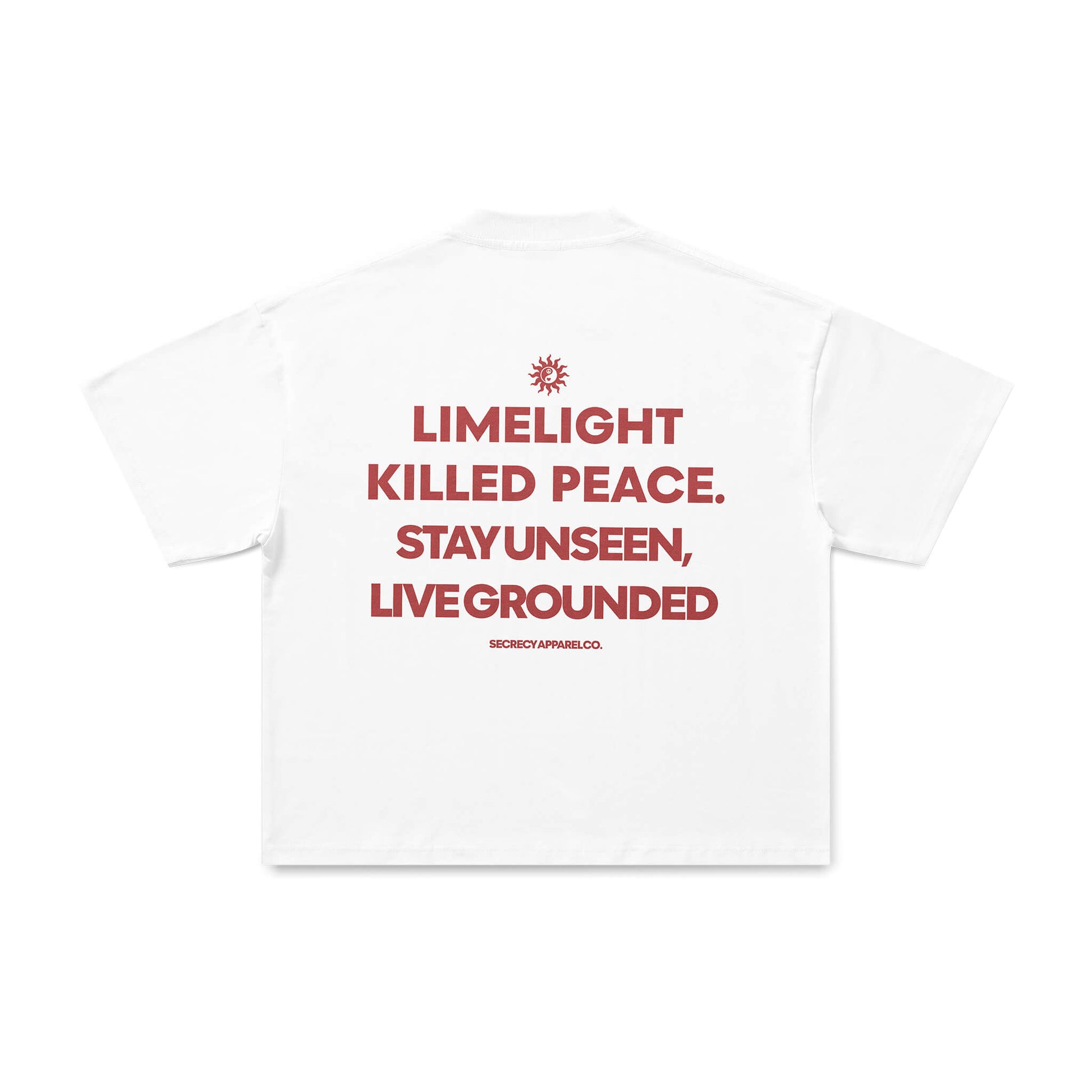 White t-shirt with red text on a white background